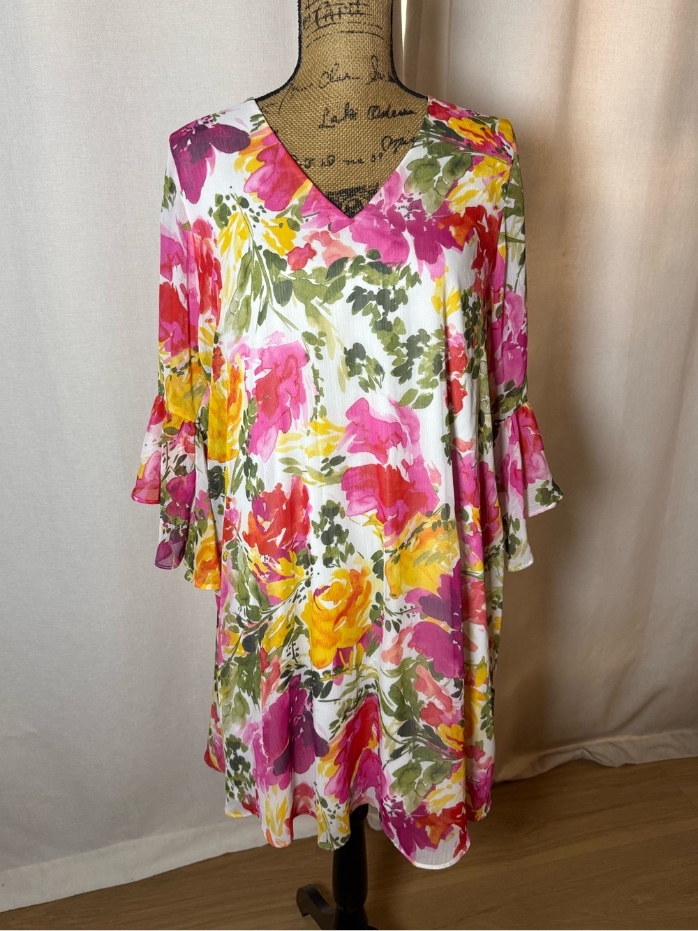 Calvin Klein Pink Yellow Floral V-Neck Long Sleeve Dress